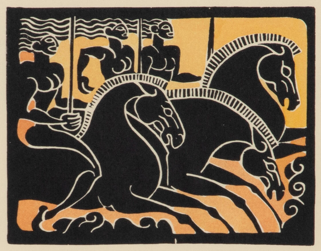 Orange and black print of people on mythical horses.